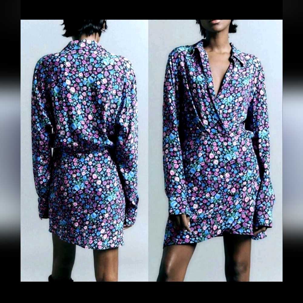NWT Zara Floral Satin Mini Dress Ruffled Blogger Favorite V-Neck Size M